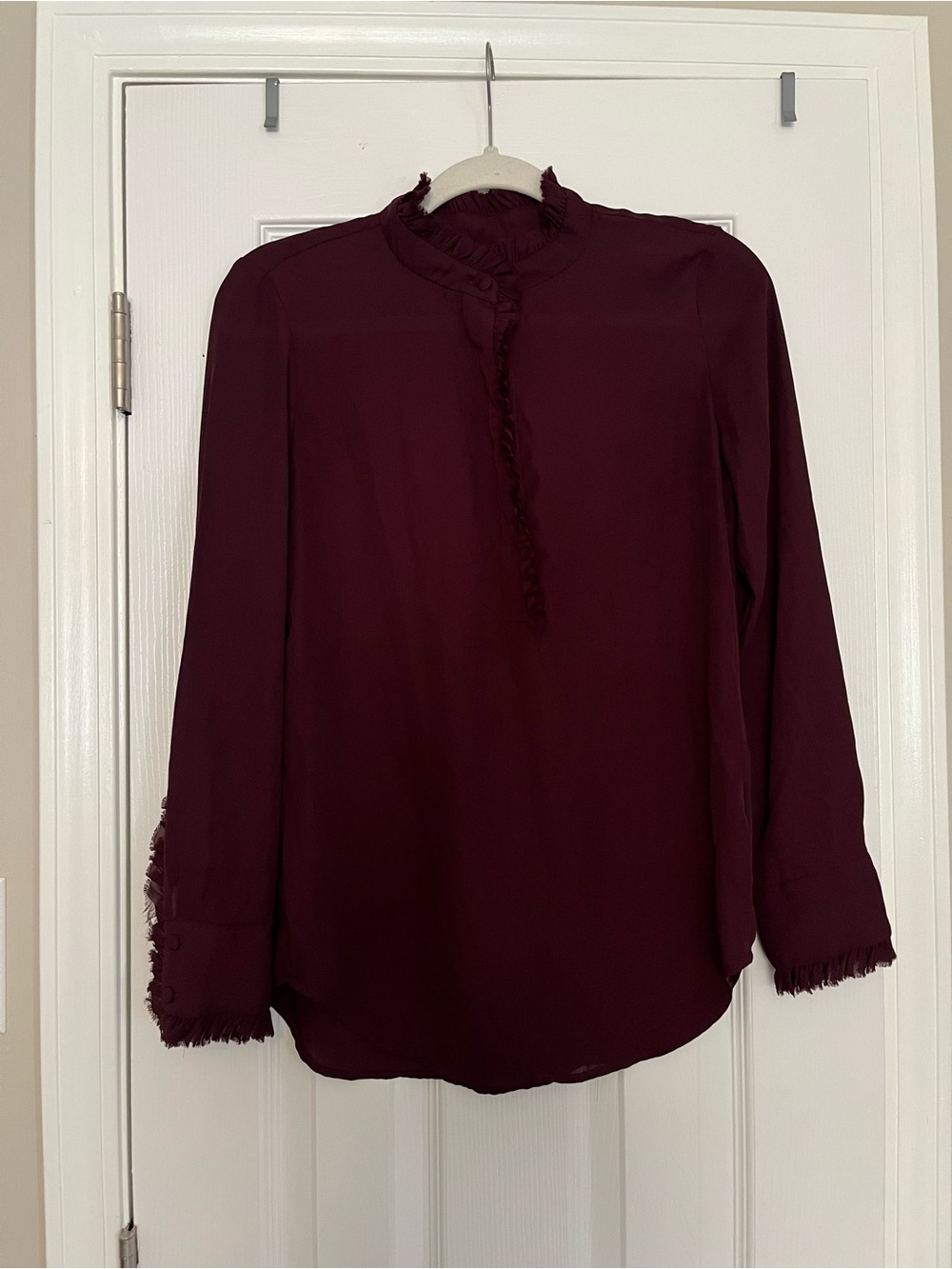 Catherine Malandrino Wine Frayed-Trim Long Sleeve Blouse